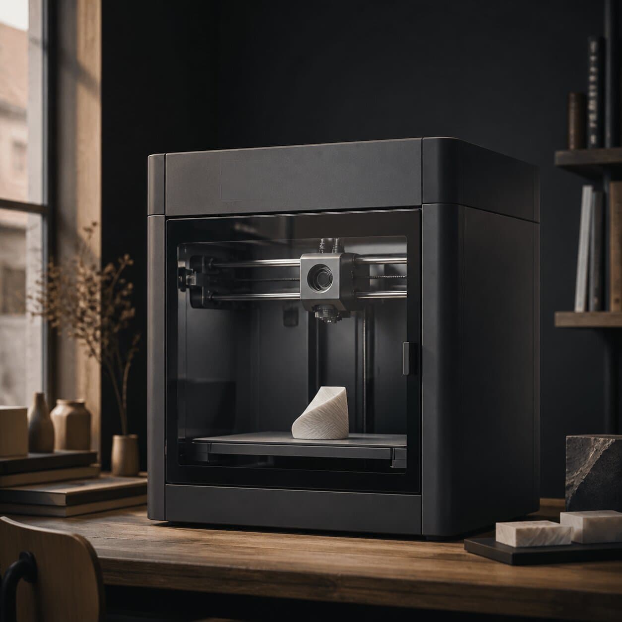 Enclosed 3D printer on a wooden desk in the Drafted Lab studio, printing a white piece