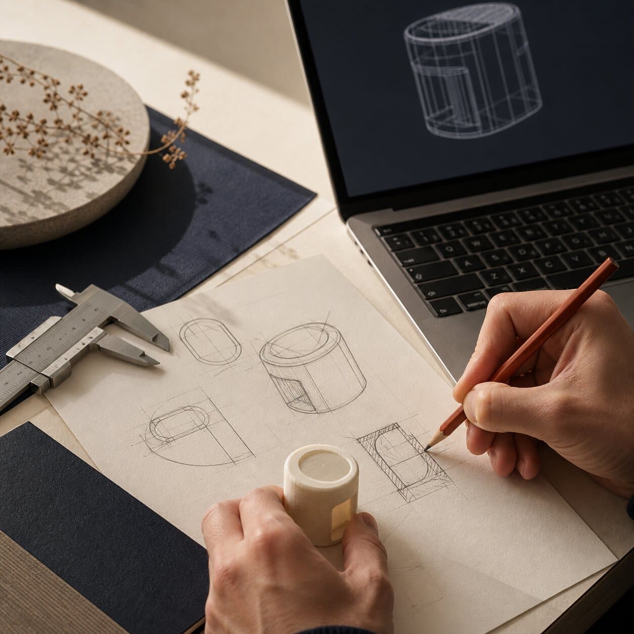 Hand sketching a product on paper next to a laptop with the CAD model