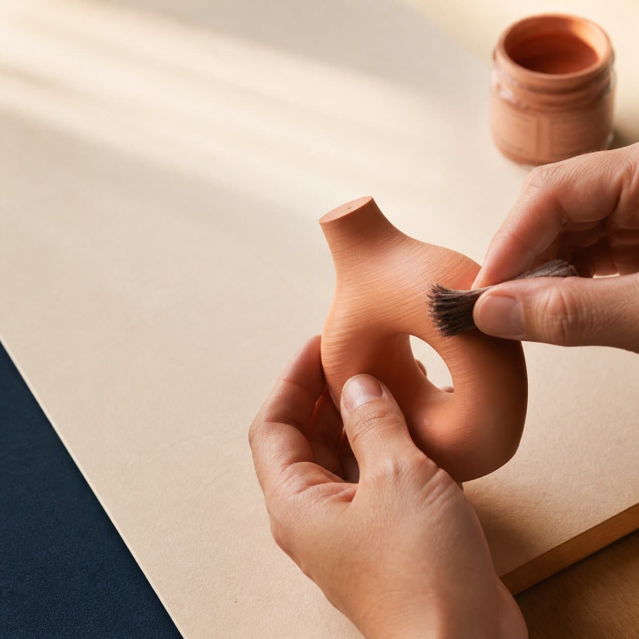 Hands brush-finishing a freshly printed terracotta piece