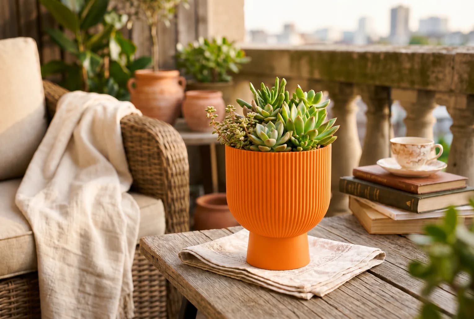 "Sereno" Ribbed Planter with Saucer 2