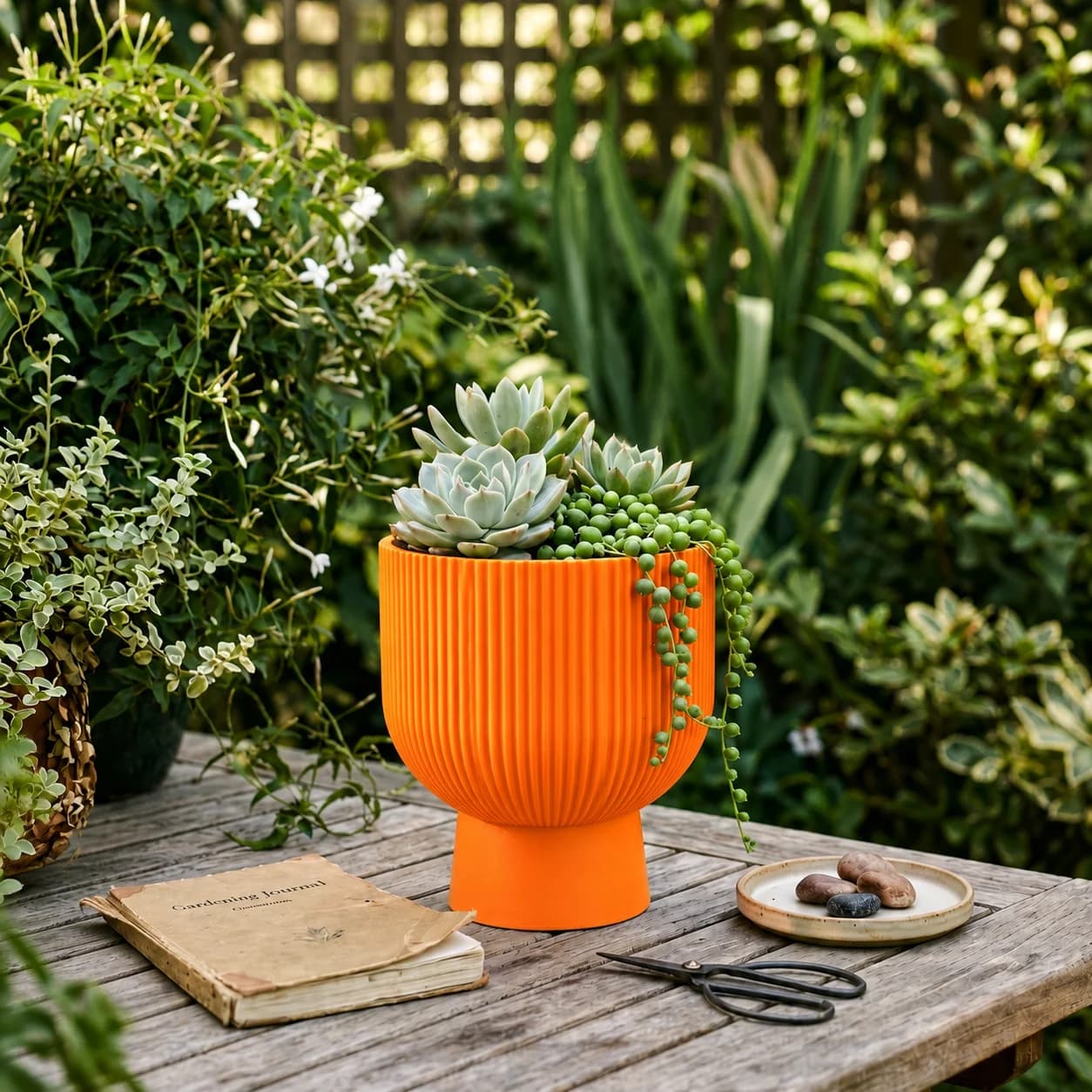 "Sereno" Ribbed Planter with Saucer
